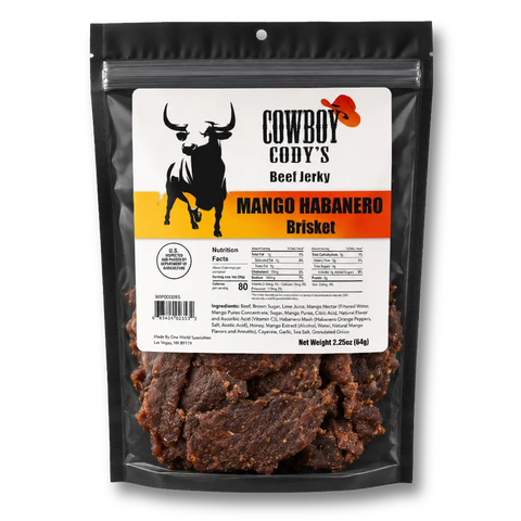 A 2.25 oz bag of Cowboy Cody's Mango Habanero Brisket beef jerky, packaged in a black resealable pouch with a white and orange label and visible jerky pieces through the clear lower section.