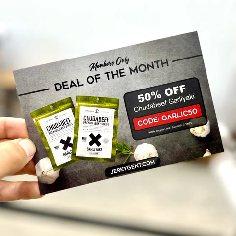 JerkyGent members only deal of the month discount example featuring 50% off Chudabeef Garliyaki beef jerky