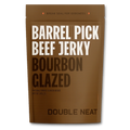 Brown package of Bourbon Glazed Barrel Pick Beef Jerky with 'Double Neat' branding.