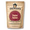 A stand-up resealable pouch of Fatman's Beef Jerky in Tropical Cayenne flavor, shown on a plain white background. The packaging is tan with a large dark red oval label and black brand text.
