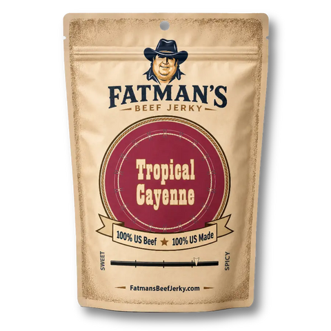 A stand-up resealable pouch of Fatman's Beef Jerky in Tropical Cayenne flavor, shown on a plain white background. The packaging is tan with a large dark red oval label and black brand text.