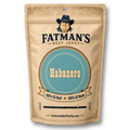 A stand-up pouch of Fatman's Beef Jerky in the Habanero flavor, featuring a vintage-style tan package with a blue circular label and a cartoon cowboy illustration.