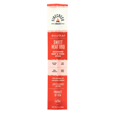 Single FireCreek Snacks Sweet Heat BBQ beef and pork stick in red and white packaging, hickory smoked, gluten-free, 10g protein, no MSG, made in the USA.
