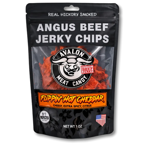 Packaging of Angus Beef Jerky Chips with Avalon Meat Candy branding on a white background