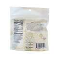 Back of Fortune Favors 'The Classic' candied pecans bag, showing nutrition facts, ingredients list, and a whimsical description of the product. Illustrated with gold artwork of a winged unicorn and labeled with dietary icons: dairy free, gluten free, and plant-based. Text highlights the pecans’ sweet and salty flavor profile and enchanting snacking experience.