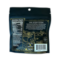 Back of Fortune Favors 'The Everything' candied pecans bag, featuring nutrition facts, ingredient list, and a whimsical product description. The dark packaging showcases gold illustrations of a winged creature under a starry sky and highlights that the product is dairy free, gluten free, plant-based, and made in Wisconsin.