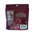 Back of Fortune Favors 'The Spicy' candied pecans bag, featuring a flavor description, nutrition facts, and ingredient list. The design includes fiery red mystical artwork with a dragon, and icons indicating the product is dairy-free, gluten-free, plant-based, and made in Wisconsin.