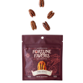 Bag of Fortune Favors 'The Spicy' chili-spiked candied pecans with five pecans floating above. The rich red packaging features mystical artwork and the tagline 'Nuts Enchanted' below a golden pecan.