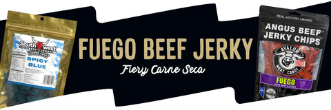 Fuego Beef Jerky packages with branding and product names on a black background