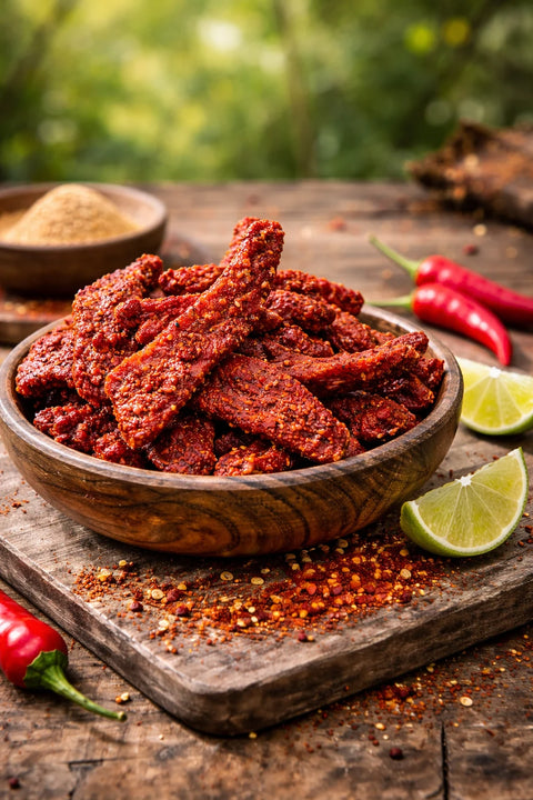 Wooden bowl of fuego beef jerky on a rustic wooden surface with spices and lime.