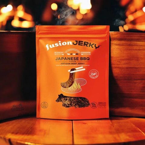 Fusion Jerky Japanese BBQ soft artisan beef jerky with Japanese smokehouse background