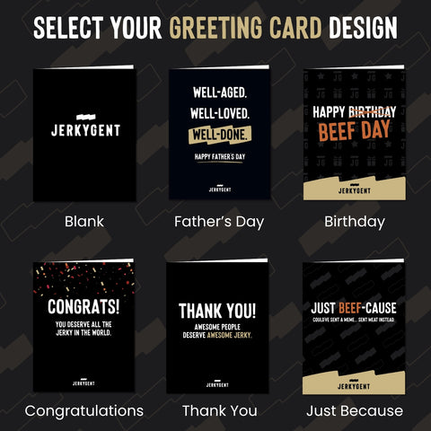 Collection of Jerkygent greeting cards with various designs on a dark background.