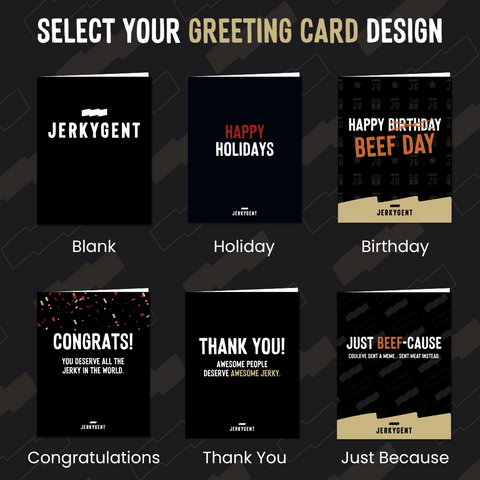 Collection of Jerkygent greeting cards with various designs on a dark background.