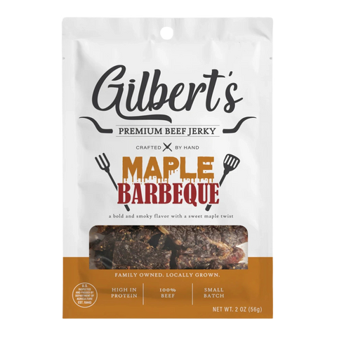 Bag of Gilbert’s Premium Maple Barbecue Jerky, 2 oz – bold smoky beef with a sweet maple twist