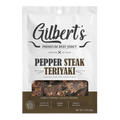 Bag of Gilbert’s Premium Pepper Steak Teriyaki Jerky, 2 oz – gourmet steak flavor with teriyaki and black pepper
