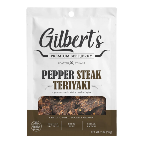 Bag of Gilbert’s Premium Pepper Steak Teriyaki Jerky, 2 oz – gourmet steak flavor with teriyaki and black pepper