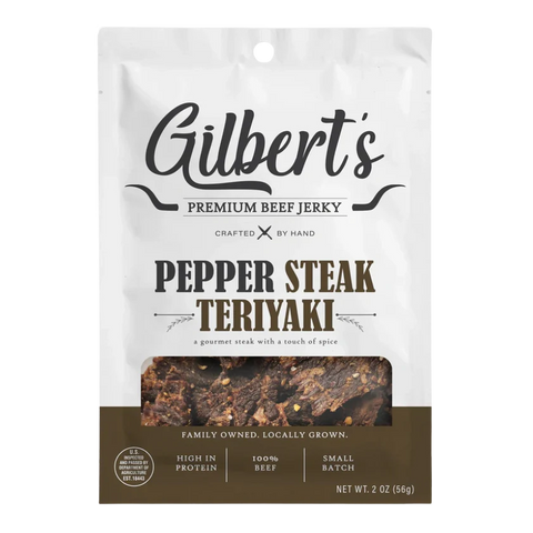 Gilbert’s Pepper Steak Teriyaki Beef Jerky bag with savory cracked pepper and sweet teriyaki glaze flavor.
