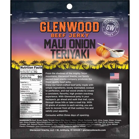 Glenwood Beef Jerky Maui Onion Teriyaki Back of Package