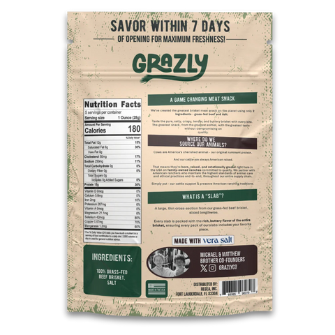 Grazly meat snack package with nutritional information and branding details.