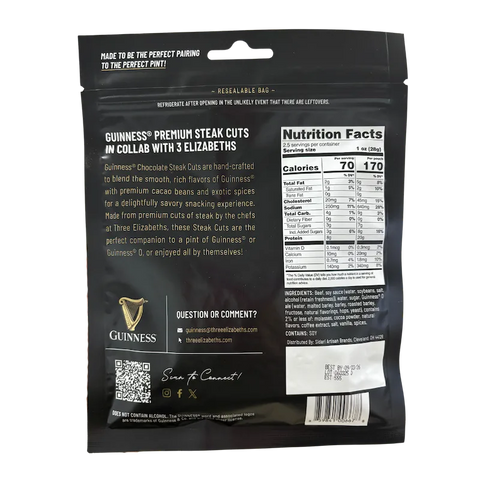 Back of Guinness Chocolate Steak Cuts jerky bag showing flavor description, nutrition facts, ingredients, and contact info for Three Elizabeths.