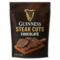 Front of Guinness Chocolate Steak Cuts jerky bag featuring steak slices on a wooden board, with 8g protein and 3g sugar callouts.

