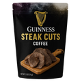Steak Cuts Coffee Jerky – Bag Front showing premium steak slices with coffee beans on burlap sack, 2.5 oz oven-dried snack.
