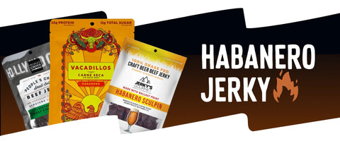 Habanero jerky packages with brand names on a brown background