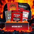 JerkyGent Inferno Box filled with five ultra-spicy beef jerky brands, displayed with flames and fiery background, perfect for heat lovers.