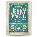 A bag of vegan jerky with the name It's Jerky Y'all in the black pepper & sea salt flavor.