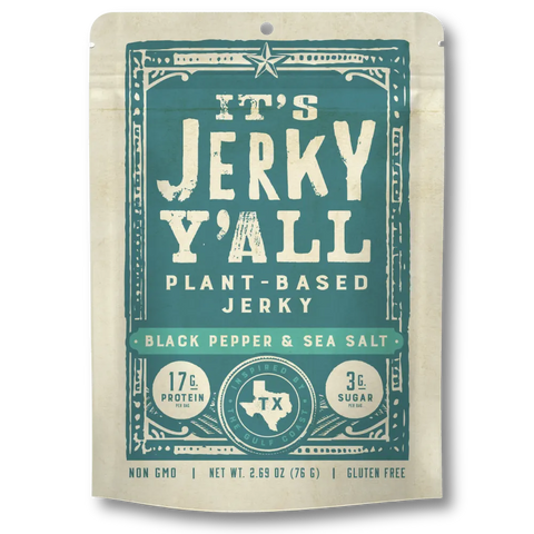 A bag of vegan jerky with the name It's Jerky Y'all in the black pepper & sea salt flavor.