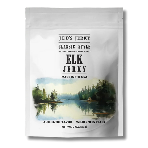 Jeds Elk Jerky packaging with nature-themed design on a white background