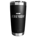 Black JerkyGent-branded YETI tumbler with a stainless steel base and clear lid.