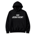 Black hoodie with 'JERKYGENT' text on a white background