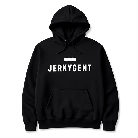 Black hoodie with 'JERKYGENT' text on a white background