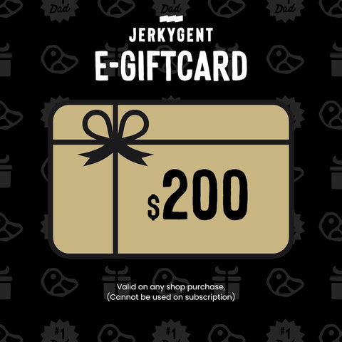JerkyGent $200 gift card with gold background and black bow design, valid on shop purchases.