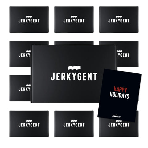 JerkyGent Beef Jerky Gift Plan showing 12 jerky of the month club boxes - The 12 month plan