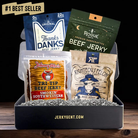 JerkyGent Beef Jerky Subscription Box - Jerky Of The Month Club. 4 bags of craft beef jerky in a well designed JerkyGent box, with a #1 best seller tag.