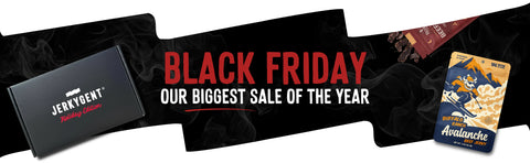 Black Friday sale banner with Jerky Gent packaging and Avalanche product.