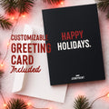 Festive customizable Happy Holidays card with envelope, pine branches, and glowing red string lights.