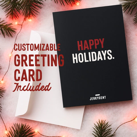 Festive customizable Happy Holidays card with envelope, pine branches, and glowing red string lights.