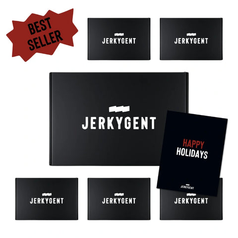 JerkyGent Beef Jerky Gift Box 6 Month plan showing 6 jerky gift boxes and a tag mentioning Best Seller.