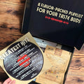 JerkyGent's Greatest Hits Beef Jerky Gift Box unboxing experience showing the track list and and opened box of beef jerky.