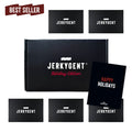 JerkyGent Holiday Edition gift box with Happy Holidays card and multiple jerky boxes, marked as best seller.