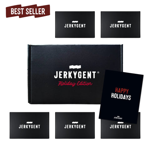JerkyGent Holiday Edition gift box with Happy Holidays card and multiple jerky boxes, marked as best seller.