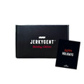 Black JerkyGent Holiday Edition gift box with personalized Happy Holidays greeting card.