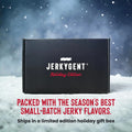 JerkyGent Holiday Edition black gift box in the snow with text reading “Packed with the season’s best small-batch jerky flavors. Ships in a limited edition holiday gift box” against a snowy night backdrop.