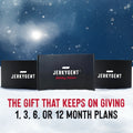 Three JerkyGent Holiday Edition gift boxes displayed in snowy scenery with text reading “The Gift That Keeps On Giving – 1, 3, 6, or 12 Month Plans” against a winter night sky.