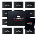 JerkyGent Holiday Edition gift box with Happy Holidays greeting card and several smaller jerky boxes arranged around it.