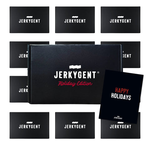 JerkyGent Holiday Edition gift box with Happy Holidays greeting card and several smaller jerky boxes arranged around it.