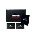 JerkyGent Holiday Edition gift box with Happy Holidays greeting card and two smaller jerky boxes.